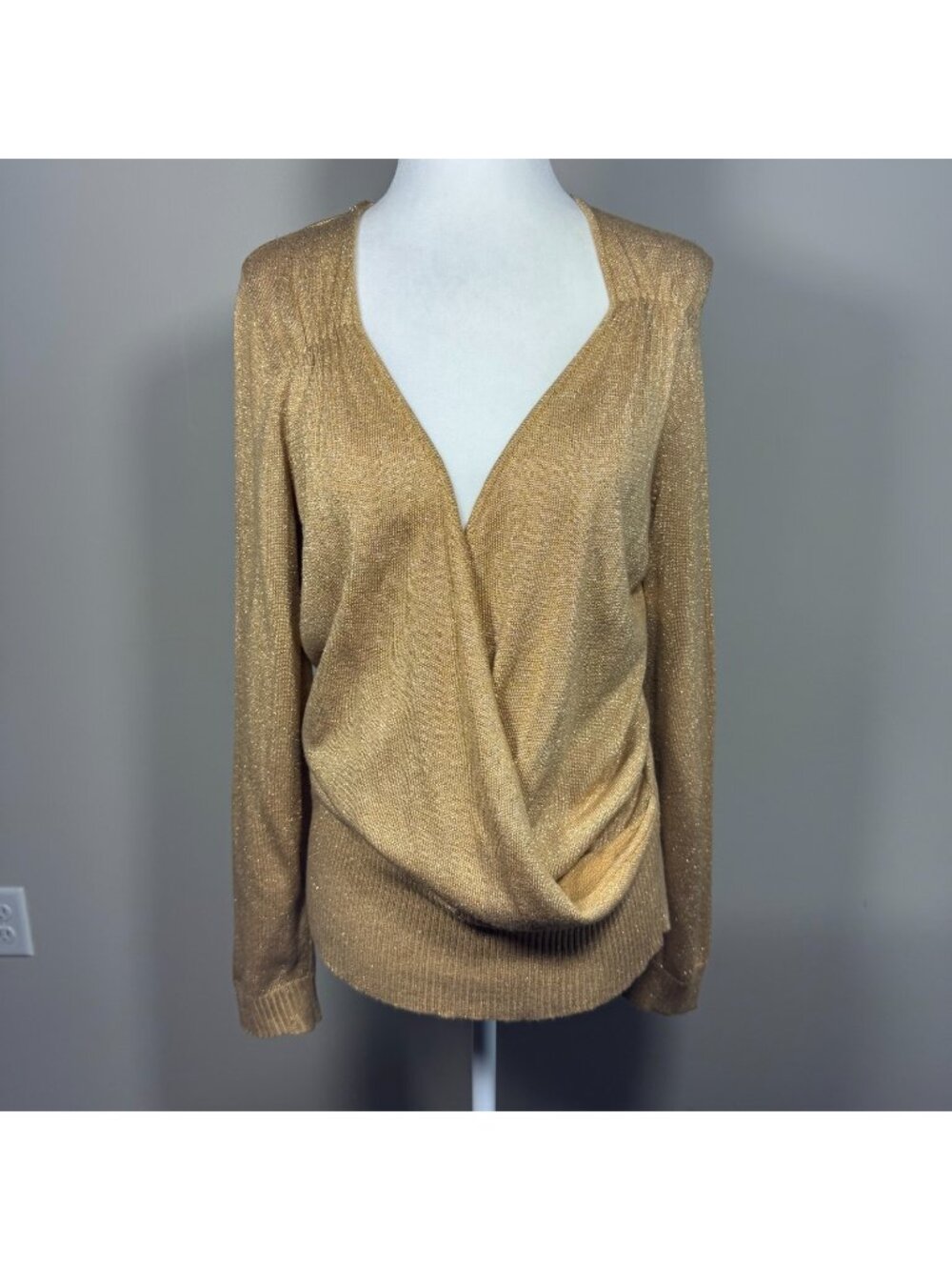 New York & Company Blouse Top Womens L Gold Acrylic Knitted Wrap Party Cocktail